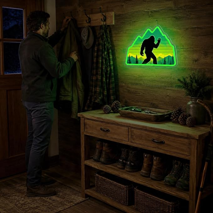Bigfoot Neon Sign Green LED Sasquatch Neon Sign Forest Nature Room Decor | UV-Printed Sasquatch Neon Sign Dimmable Green Neon Light with Mountain Wilderness Design for Game Room Man Cave Bedroom Cabin