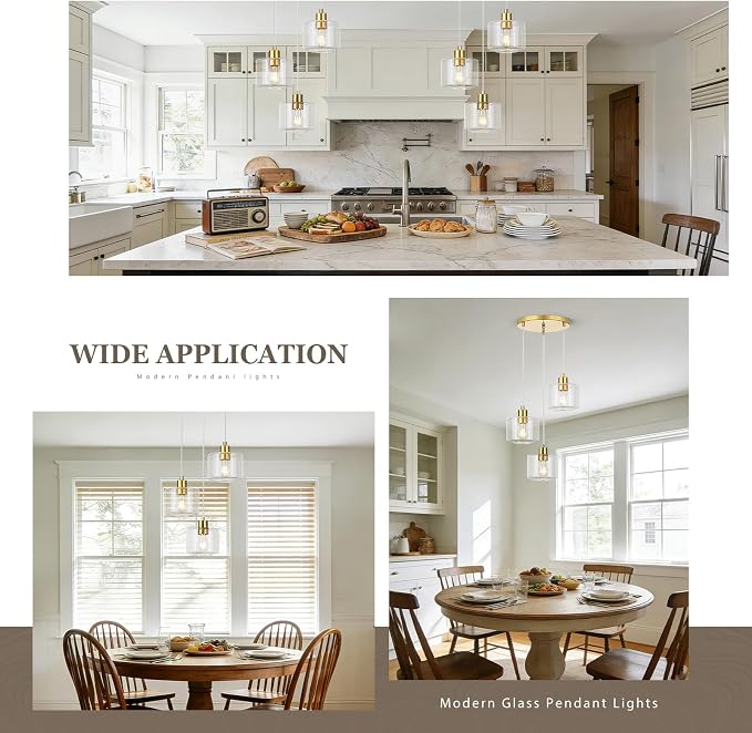 Brushed Gold Dining Room Chandelier Light Fixture, 3-Light Pendant Lighting with Clear Glass, Modern Kitchen Island Cluster Hanging Pendant Lights for Kitchen Dining Room, OS-YQ8153-3BGC