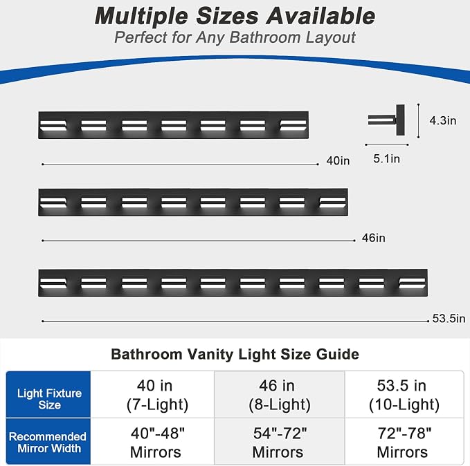 IZORRO LED Modern Bathroom Lights Fixtures(10-Light,Dimmable),Matte Black Acrylic Wall Lighting,Vanity Lights for Bathroom Over Mirror - 6000k 46In （No Assembly Required）