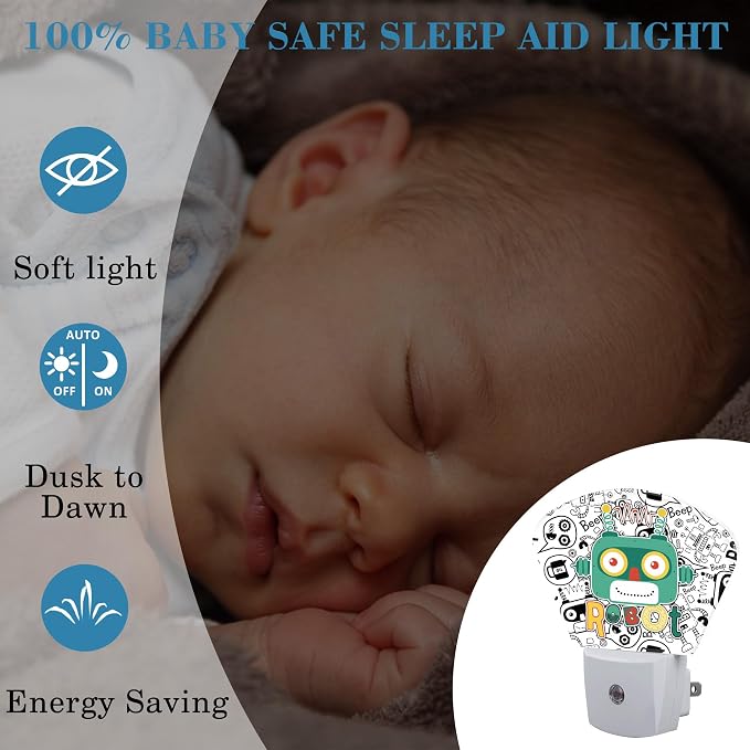 Funny Cartoon Robot Night Light for Kids, Robot LED Night Light Plug into Wall with Dusk to Dawn Sensor for Girls Boys Women Men Bedroom, Hallway, Kitchen, Bathroom, Stairs Decor