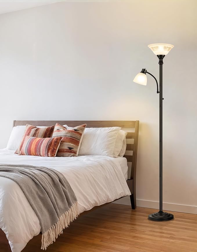 Torchiere Floor Lamps for Living Room, 71" Tall Standing Lamp with Thick Glass Shade, Metal Pole & Heavy Base, Vintage Corner Lamp with Reading Light for Bedroom Home Office, 3CCT Bulb Included