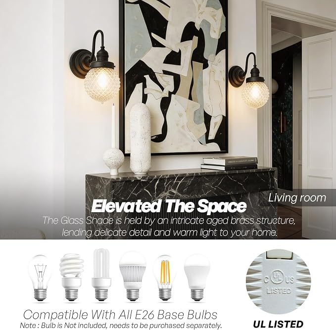 Black Wall Sconce Farmhouse Bathroom Vanity Light,Clear Glass | Vintage,Hardwired Indoor,Hand-Blown Thick Glass,for Bathroom Mirror Kitchen Hallway,UL-Listed E26 Socket