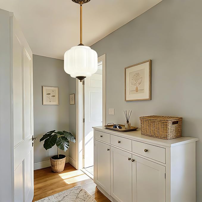 LOUSACE 10 Inch Vintage Milk Glass Ceiling Light Fixture, Semi Flush Mount Pendant Light with White Glass Shade, Ceiling Light for Kitchen Hallway Dining Room Bedroom (Bulb Included)