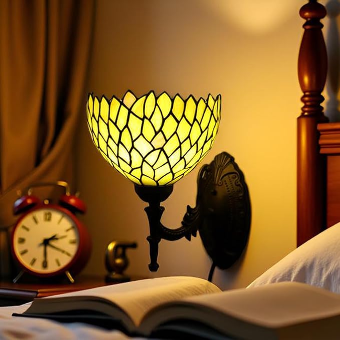 Tiffany Sconce Lamp Stained Glass Wall Lamp,8X10.5X11 Inch Plug in Wall Bedside Light for Hallway Bedroom (Yellow Wisteria)