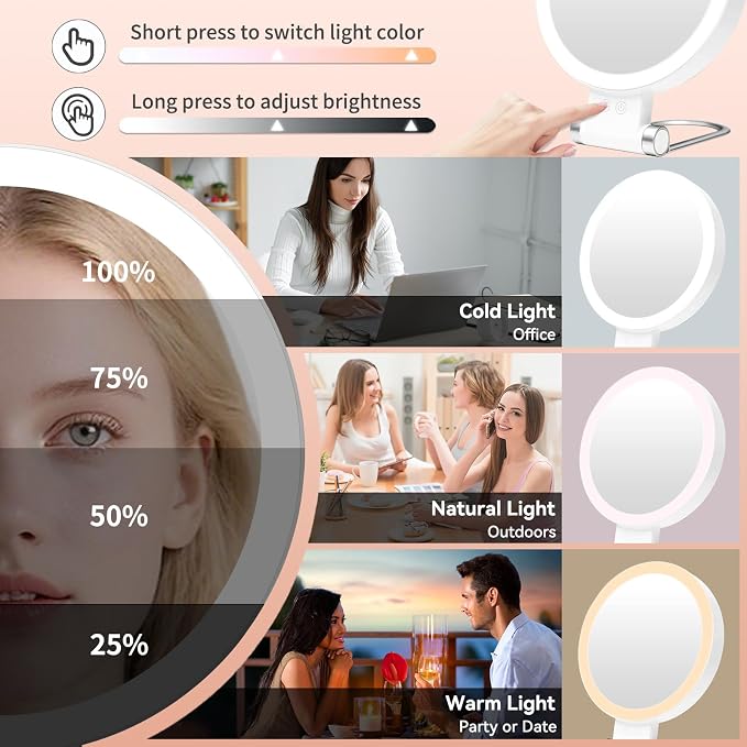 Makeup Mirror with Lights, Magnifying Mirror 1X/30X with Adjustable 3 Color Light, Double Side Control, 2000mAh Rechargeable, Lighted Makeup Mirror with Magnification, Smart Memory, Gift for Women
