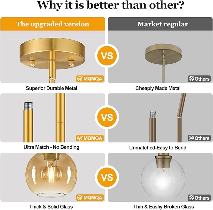 MQMQA 2 Pack Gold Globe Pendant Lights, Mid Century Gold Pendant Light Fixtures, Amber Glass Pendant Lights Kitchen Island Adjustable Hanging Fixture for Dining Room (Bulbs not Included)