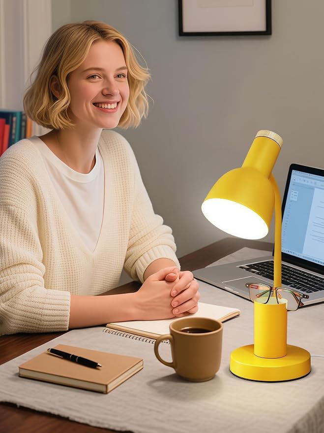 LED Desk Lamp for Home Office, Table Lamp with Pen Holder, 3 Color Modes Reading Light, Eye-Caring Desk Light with Gooseneck, Metal Study Lamp for Dorm Bedside Bedroom (Yellow lamp)