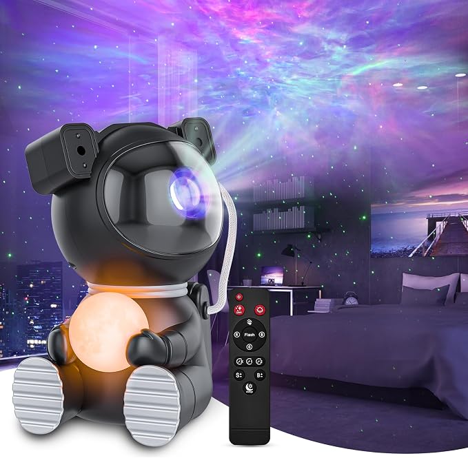 Cayclay Astronaut Galaxy Projector, Remote & Timer Night Light, Black | 360° Magnetic Adjustable Head, Auto-Off Timer, Remote Controllable LED Lamp, Dimmable Multi-Color Night Light For Home Decor