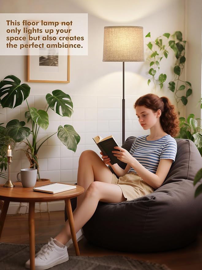 60" Modern Floor Lamp for Living Room Bedroom, Standing Lamp with Oatmeal Linen Lampshade, Tall Lamp with A19 9W 3 Color Temperature Bulb, Foot Switch Control, Brown