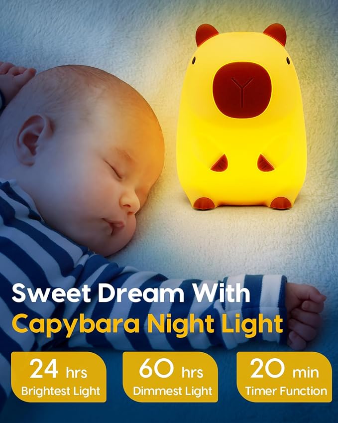 Amaredom Capybara Night Light, Adorable Capybara Lamp, Silicone Dimmable Nursery Nightlight, Rechargeable nightlight for kids with 20 Minutes Timer & Tap Control Baby Girls Women Bedrooms, Living Room