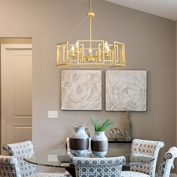 Gold Modern Industrial Geometric Chandelier: 5-Light Adjustable Farmhouse Dining Room light Fixture - Hanging Pendant Ceiling Chandelier Lighting over Table Kitchen Island for Living Bedroom Entryway