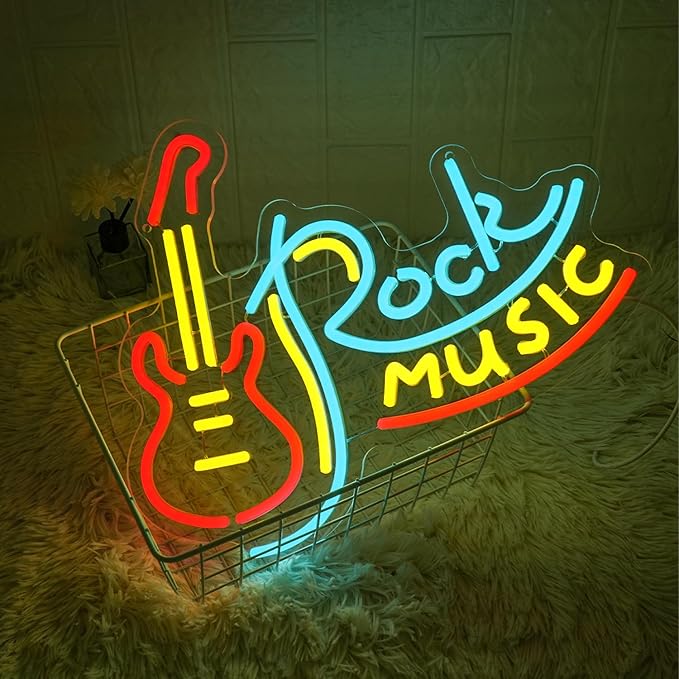 Rock Music Neon Sign for Wall Decor Dimmable Neon Light Signs Guitar Shape LED Neon Signs for Bar Rock Music Fans Game Room