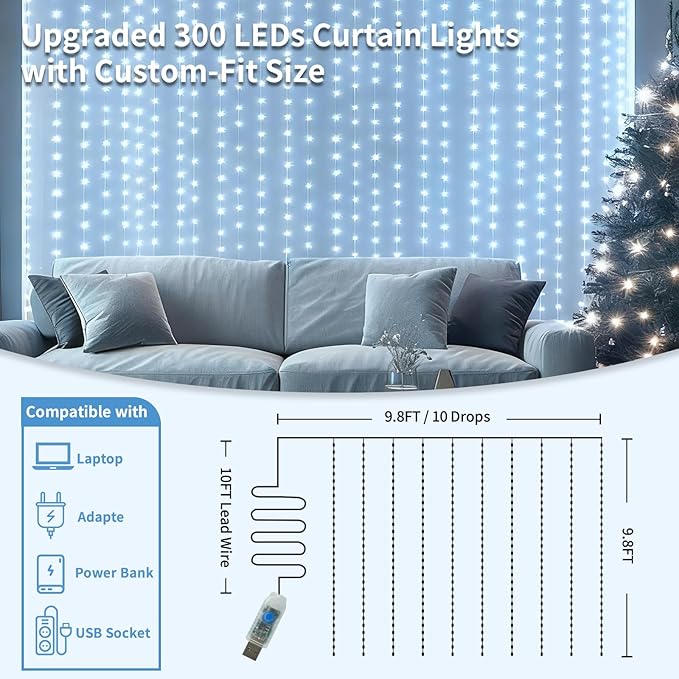 Fairy Curtain Lights, 300 LED Upgraded Tangle-Free Hanging Lights with Remote, USB Plug in String Lights for Bedroom Wall Window Wedding Party Xmas Home Décor - 9.8 x 9.8 Ft, Cool White