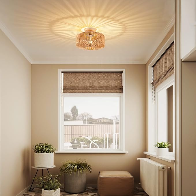 Boho Rattan Ceiling Light - Flush Mount Mini Chandelier Woven Light Fixture for Bedroom, Hallway, Entryway, Bathroom, Nursery