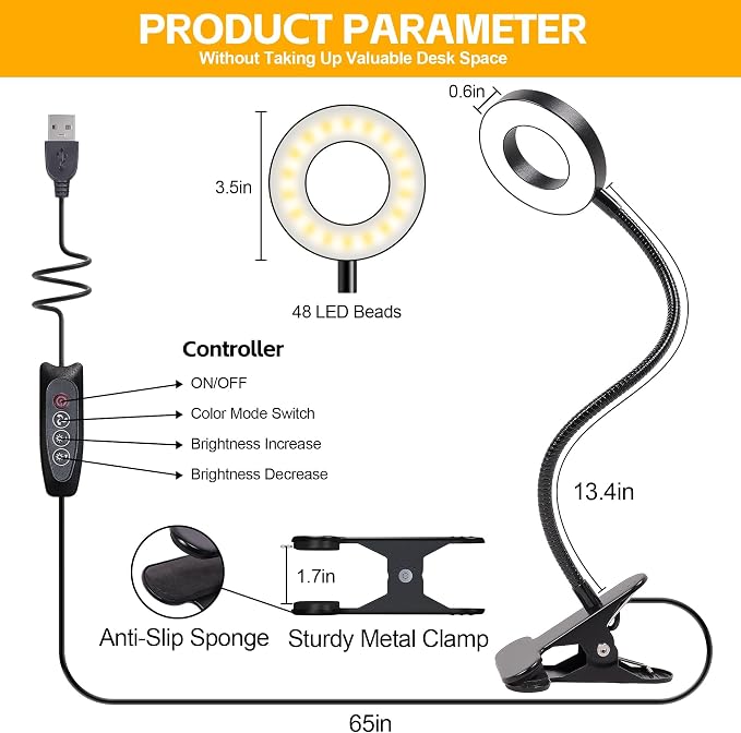 Foneso Desk Lamp Clip on Light, 48 LEDs USB Lamp with 3 Color Modes 10 Brightness Levels, 360° Flexible Gooseneck Eye Protection Bed Night Light for Reading, Makeup, Office, Pack of 2