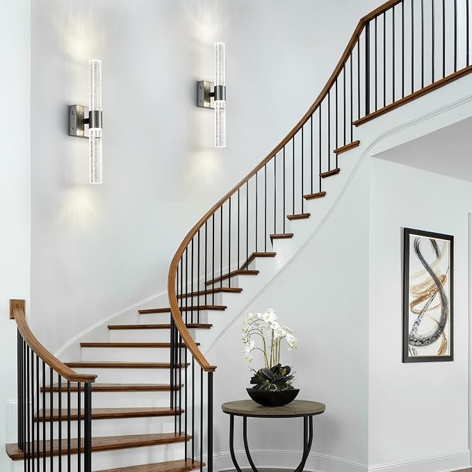 Wireless Wall Sconces Set of Two Battery Operated, 4000K Dimmable Crystal LED Bathroom Sconces Wall Lighting Modern Indoor Nickel Wall Lights for Bedroom Living Room