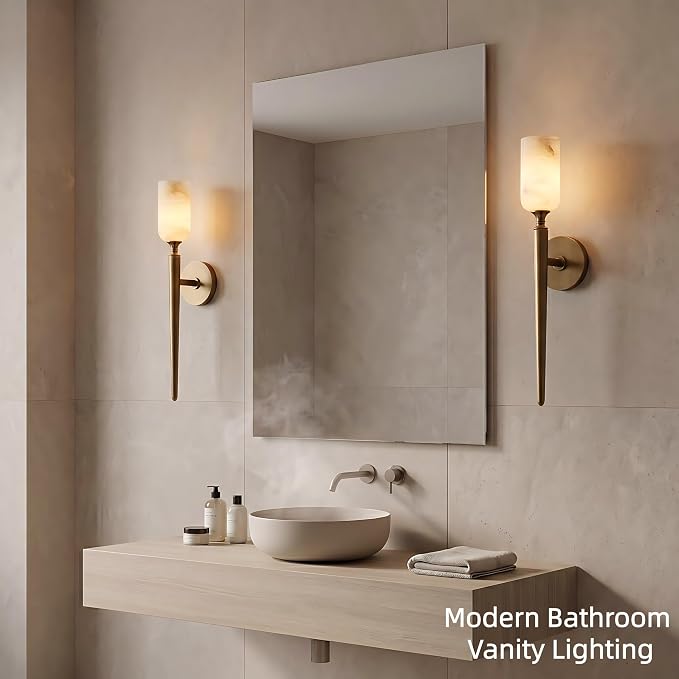 Alabaster Wall Sconces Set of Two, 22in Modern Spanish Natural Marble Bathroom Vanity Sconces, Brass Alabaster Sconce Wall Lighting, Gold Wall Light Fixtures Decor for Bedroom Living Room Staircases