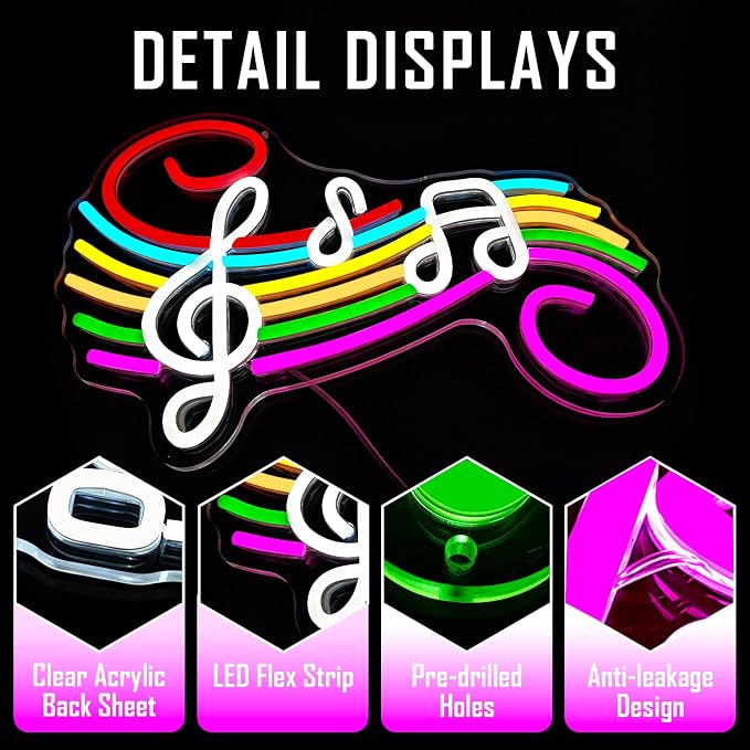 Music Neon Sign Musical Staff Note Led Wall Decor Dimmable Music Studio Decor neon light sign for Classroom Bedroom Gifts for Teacher Students Kids