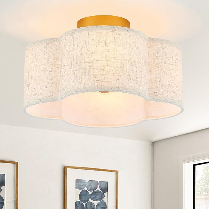VILUXY Semi Flush Mount Ceiling Light Fixture, 4-Light Modern Ceiling Lights with Linen Shade Farmhouse Gold Close to Ceiling Light for Bedroom Hallway Nursery Entryway, UL Listed