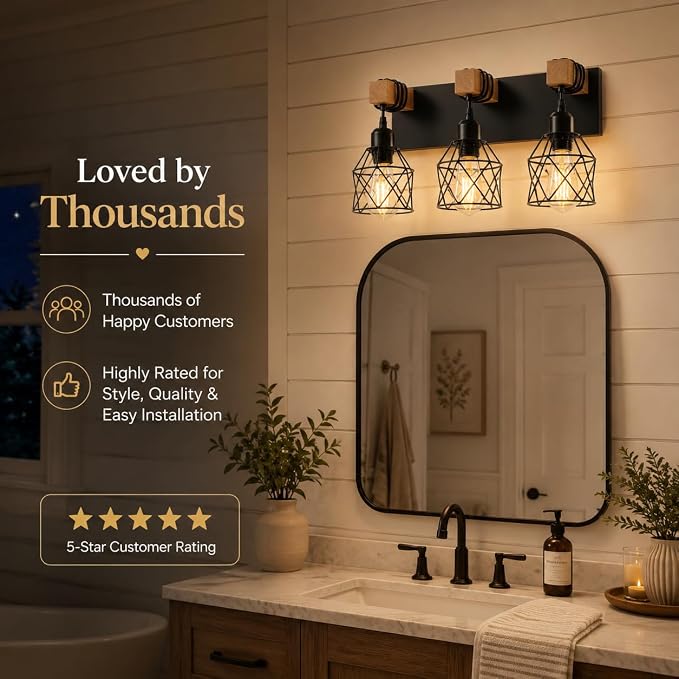 Farmhouse Vanity Light Fixture,3-Light Bathroom Lighting,Black Industrial Wood Wall Light Over Mirror with Metal Shade,Bulbs NOT Included