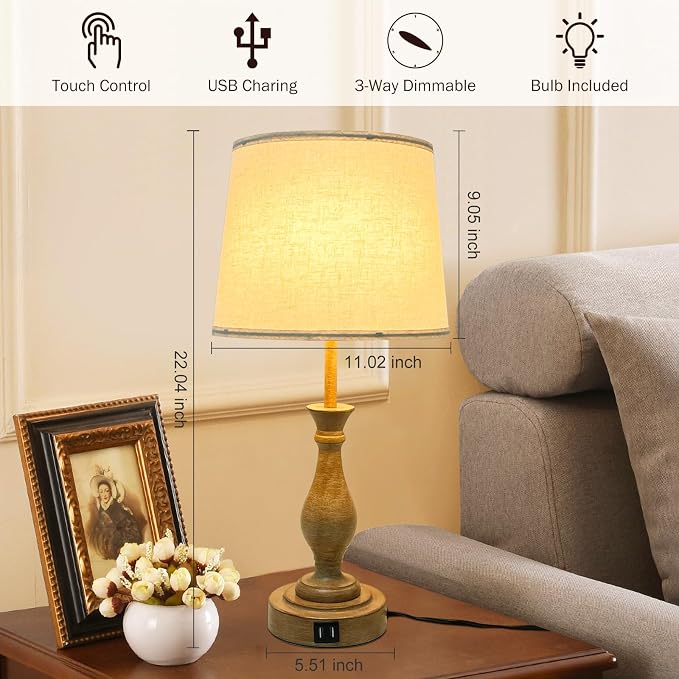 LALISU Farmhouse Table Lamp Touch Control 3-Way Dimmable Table Lamp, Modern Nightstand Lamp with 2 USB Port Bedside Desk Lamp with Fabric Shade for Living Room (Pack 1-Beige Shade & Touch)