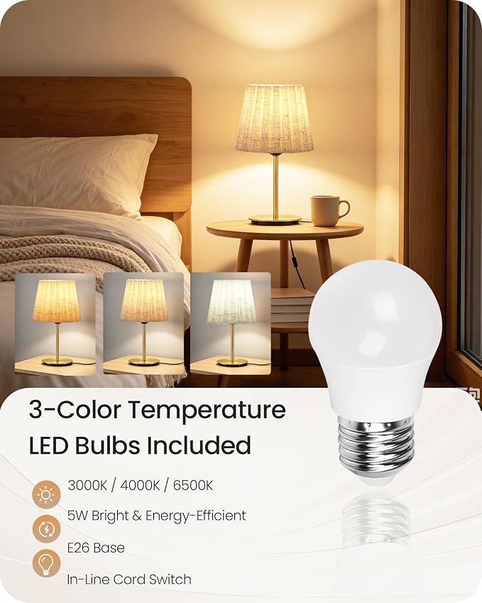 Small Bedside Table Lamps Set of 2, Dimmable Table Lamps with 3 Adjustable Color Temperatures, Nightstand Lamps with 2 Bulbs, E26 Base, for Bedroom, Study, Desk, Beige and Gold DE15TLP205