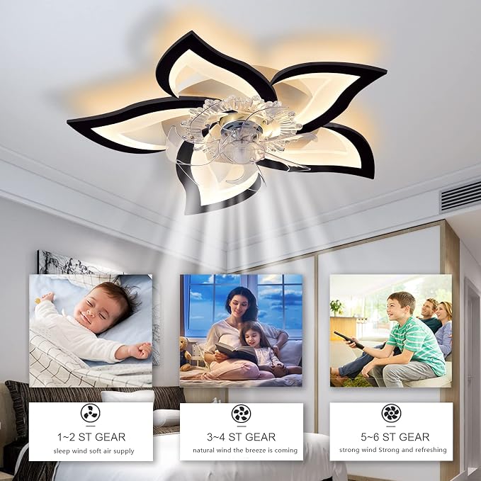 Bevenus Low Profile Ceiling Fans with Lights,27.2” Black Modern Dimmable Flower Shape Ceiling Light Fan with Remote Control/app Control,Timing 6 Gear Speeds Fan Ceiling Lamp.