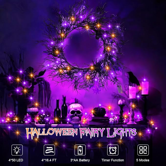 4 Pack Halloween Timer Fairy Lights Battery Operated Twinkle Lights | 16.4Ft 50 LED Purple Orange Fairy Lights Outdoor with Timer 5 Modes,Black Wire