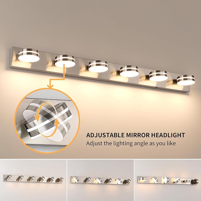 LED Modern Bathroom Vanity Light Fixtures 6-Light 47.24in 36W | LED Dimmable Bath Lights, Modern Wall Mounted Lighting Fixture with Rotating Lamp Head, Acrylic Metal, 5CCT Dimmable