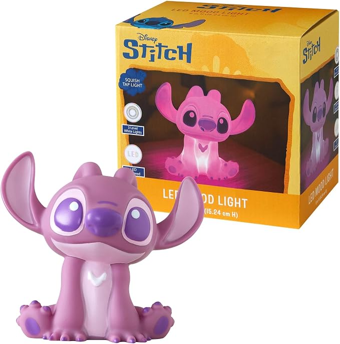 Idea Nuova Disney Stitch Angel Squishy Night Light 6" LED Soft Mood Lamp for Decor, Kids Bedrooms, Collectors & Gift Giving