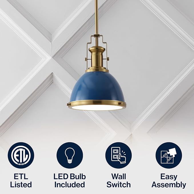 JONATHAN Y Homer Industrial Dome Pendant 10", Navy/Brass Gold | 1-Light, Farmhouse Style, Adjustable Hanging Height, Glass Diffuser, Sloped Ceiling Compatible, Metal, LED Bulb Included
