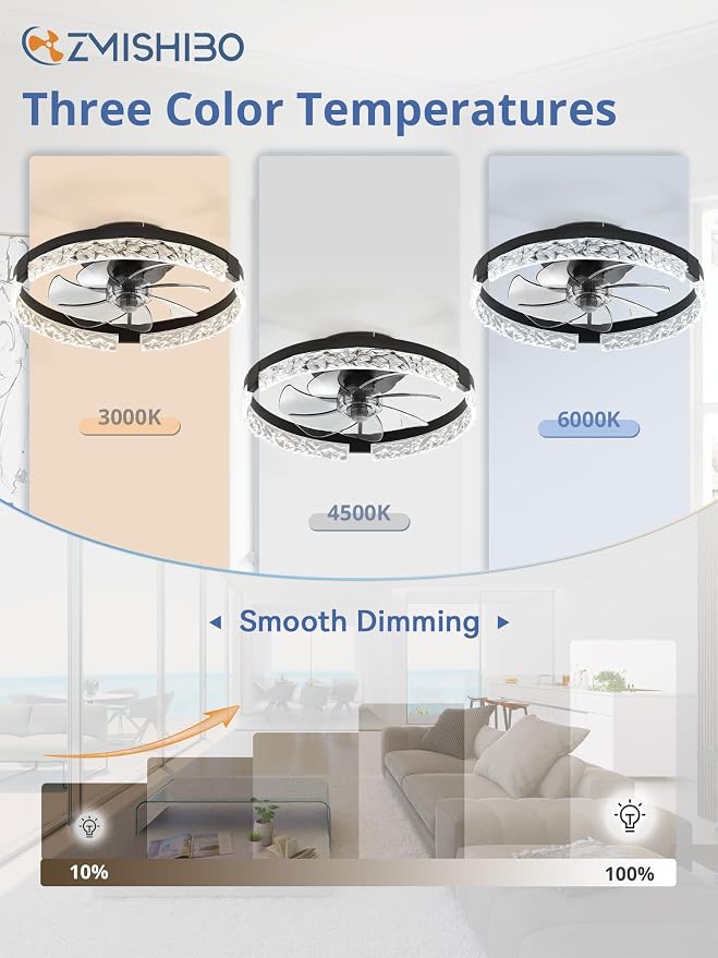 ZMISHIBO 18 Inch Ceiling Fans with Lights, Flush Mount Remote & App Control | 3CCT Dimmable LED, DC Motor, Bladeless, Reversible Blade, 6 Speeds, Modern, Low Profile, Enclosed, Bedroom, Kids, Girl, Adult