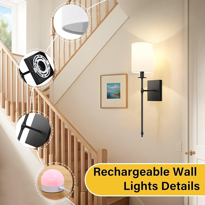 Battery Operated Wall Sconces Set of 2, Rechargeable Sconces with Remote | Black Wall Lights with White Fabric Shade, Dimmable Wireless Wall Lamp with RGBWW Bulbs for Bedroom Living Room Hallway Decor