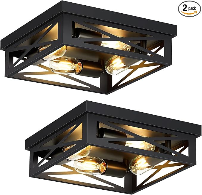 SKEJAO Black Flush Mount Ceiling Light Fixture,4-Light Square Hallway Light Fixtures Ceiling,Light Fixtures Ceiling Mount for Farmhouse,Kitchen,Hall,Bedroom (2 Pack)