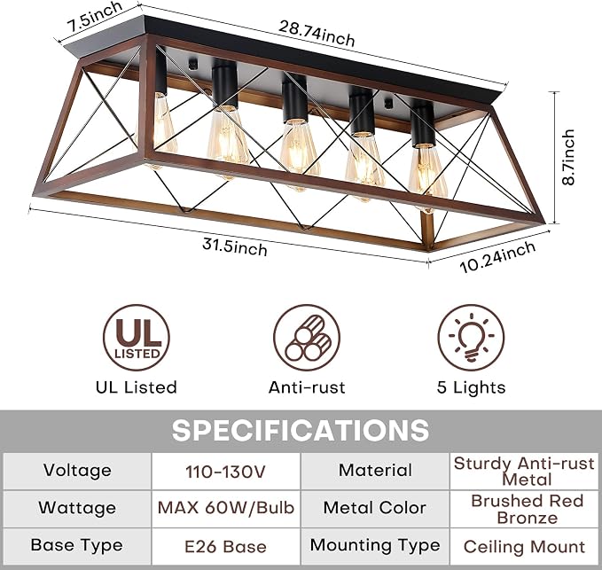 31.5" Flush Mount Ceiling Light, 5-Light Industrial Vintage Chandelier with Matte Black & Brushed Bronze Finish, Large Close to Ceiling Lighting for Dining Room, Kitchen Island, Living Room, Hallway