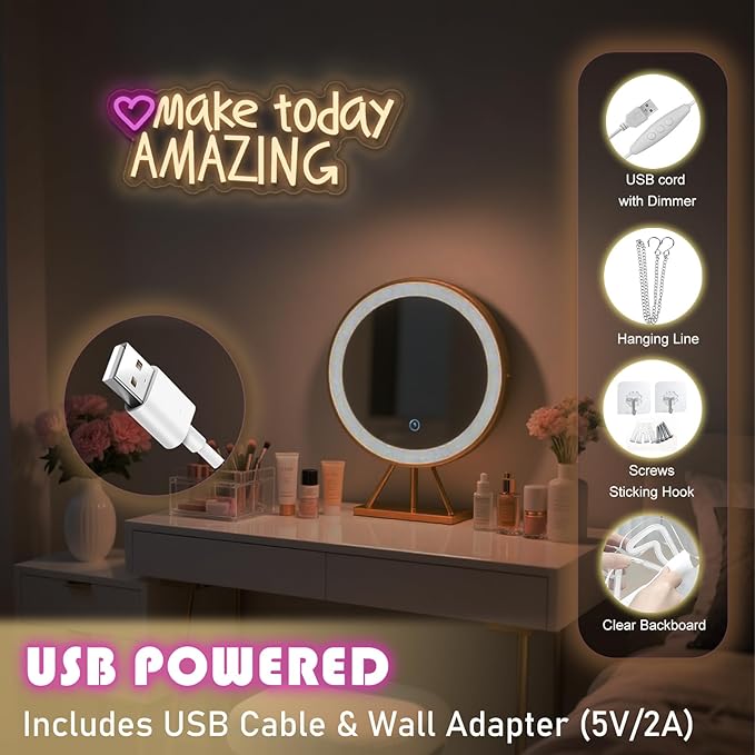 Make today Amazing neon sign, suitable for classroom wall decoration, back-to-school season, graduation season, student gifts. Dimmable, USB powered, pink heart-shaped inspirational neon light.
