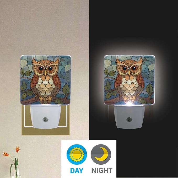 Colorful Owl Glass-Style Night Light Dusk to Dawn Sensor LED Night Dimmable Nightlight Lights Plug into Wall for Living Room
