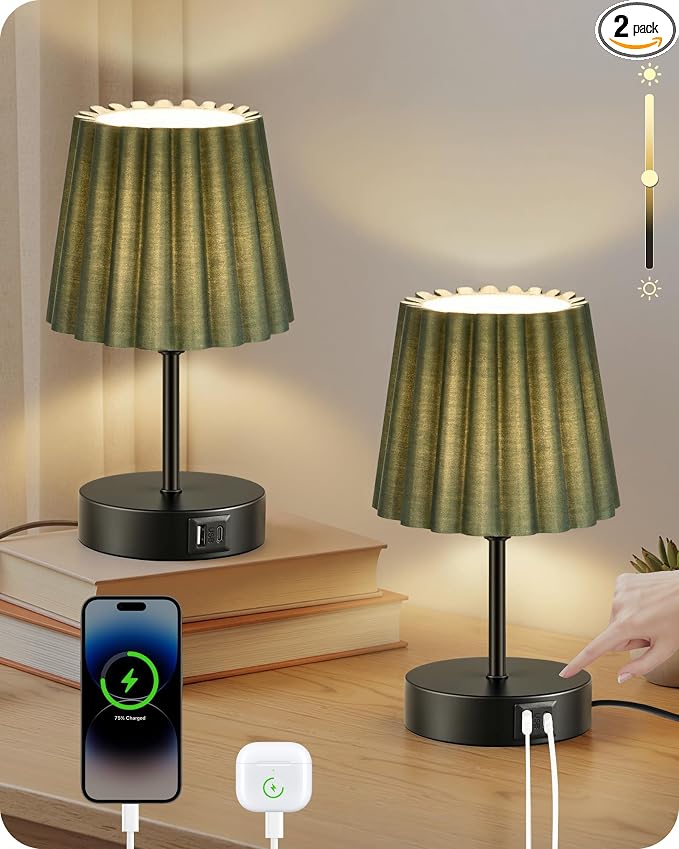 Small Bedside Table Lamps Set of 2, Touch Dimmable Table Lamps with USB Ports, Nightstand Lamps with 2 Stepless Dimming LED Bulbs, E26 Base, for Bedroom, Study, Black and Green J16TLP205