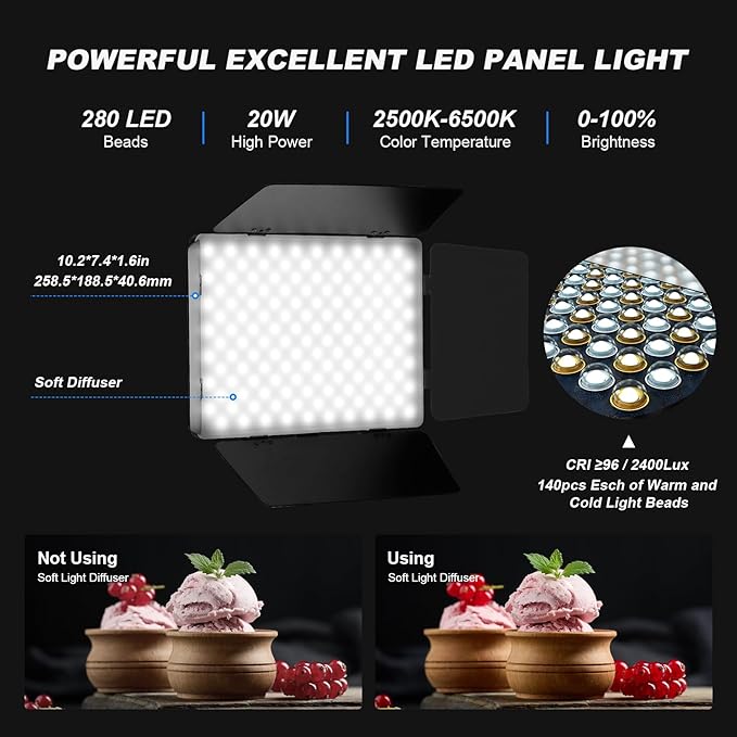 2Pack LED Video Light with Barn Door, 12.6" Bi-Color 280 LED Beads, 2400Lux 2500-6500K CRI 96+ Dimmable Photography Lighting Kit for Video Recording, Filmmaking, YouTube, Studio, and Live Stream