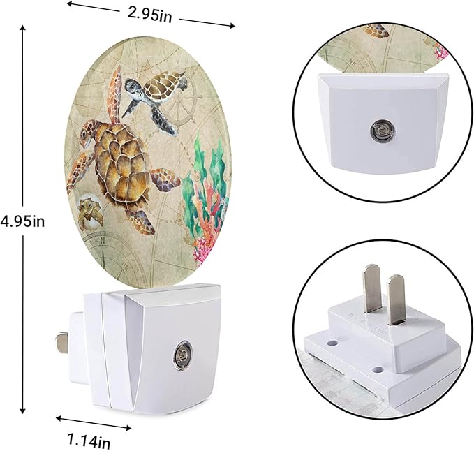 EKOBLA Nautical Coastal Night Light Sea Turtle Ocean Map Seaweed Coral Starfish Plug-in Nightlights Auto LED Lamp Energy Saving Round Lights for Boys Girls Men Women