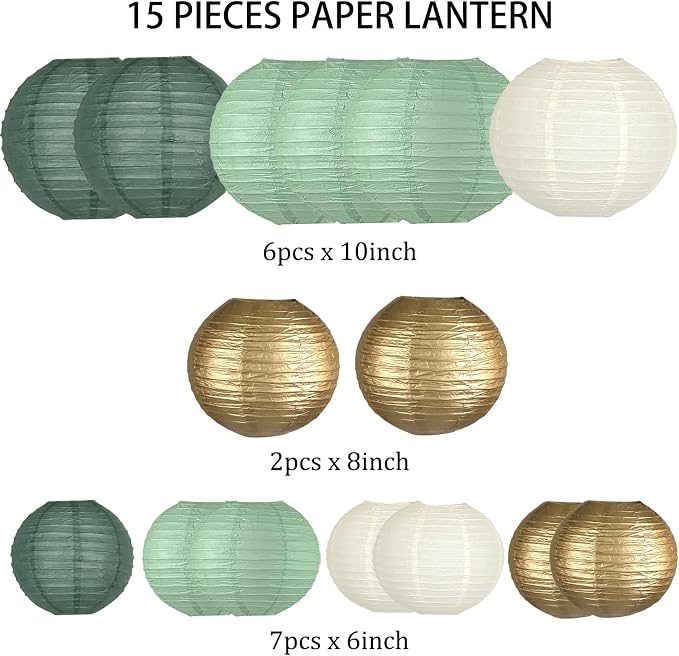 15-Pack Sage Green Gold Paper Lanterns Party Decorations | Assorted 6, 8 & 10-Inch Hanging Lanterns for Baby and Bridal Showers, Graduations, Weddings, Birthdays and Outdoor Receptions