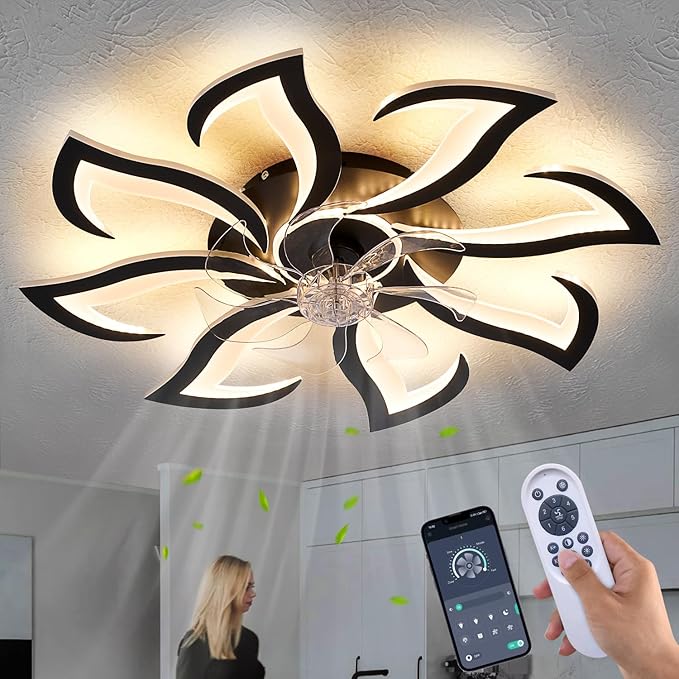 Modern Ceiling Fan with Lights and Remote Control, 32" Black Flush Mount Fan with 3 Light Colors, 6 Speeds, Low Profile for Kitchen and Bedroom