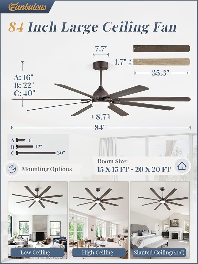 Fanbulous 84 Inch Outdoor Ceiling Fans with Lights,Oil Bronze | Modern,6 Speeds,3CCT,Timer,Remote Control,Quiet Reversible DC motor,Large,8 Double-sided Blades,Easy Installation