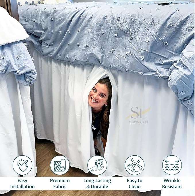 Shreem Linen Dorm Bed Skirt Twin XL 34 Inch Drop, 100% Microfiber Extra Long Bedskirt, White Dorm Essentials for Girl