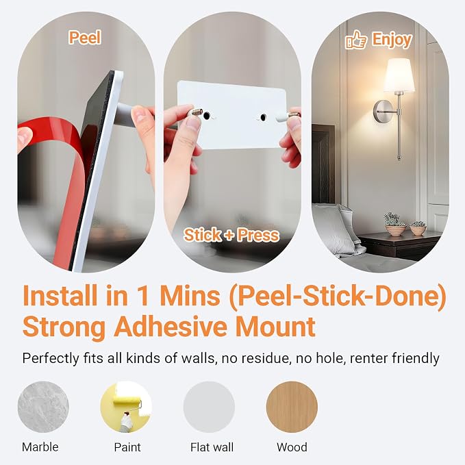 Peel and Stick Wall Sconces, Stick On Wall Sconce Set of 2, Battery Operated Wireless Adhesive Wall Lights, Corn Bulb with 10000mAh Battery, Easy Install for Bedroom Living Room Wall Decor
