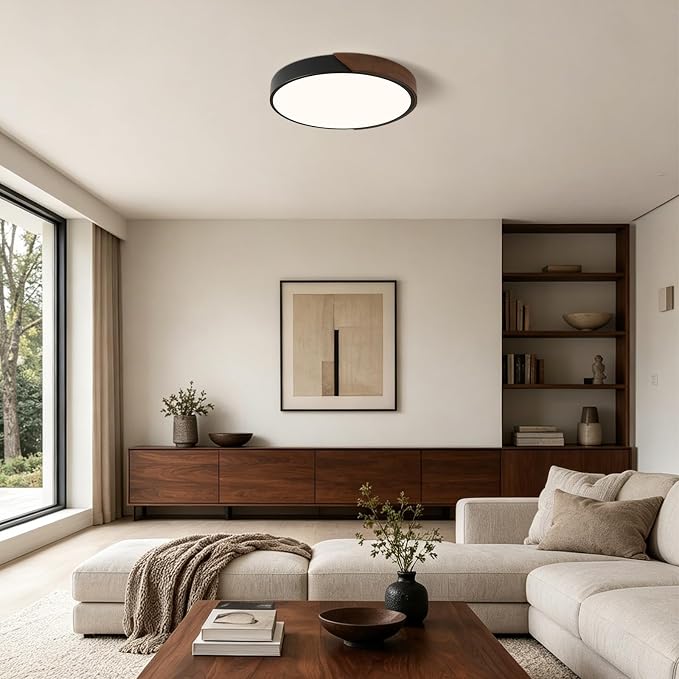 Modern LED Ceiling Light, Dark Walnut Wood Minimalist Flush Mount Ceiling Light Fixture, Dimmable Circle Lighting Lamp with Acrylic Lampshade for Bedroom Hallway Kitchen 15.8"