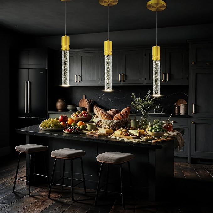 Gold Pendant Lights Kitchen Island, Crystal Bubble Pendant Lights, Adjustable Modern Pendant Light Fixtures for Dining Living Room Bedroom 3 Pack