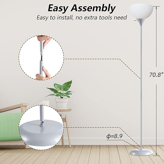 Floor Lamp, Standing Lamp, Modern Floor Lamps with Drop-Resistant White Lampshade, E26 Socket, Industrial Floor Lamp for Living Room Bedroom Study Office