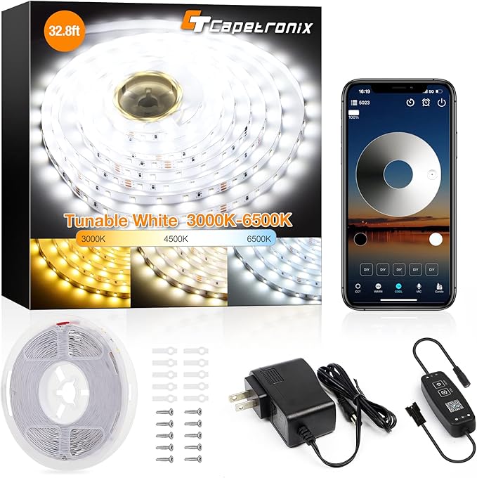 CT CAPETRONIX Tunable White LED Strip Light, 3000K-6500K LED Strip Light, High Brightness LED Tape Light with Adapter Strong Adhesive for Bedroom,Living Room,Closet (32.8Feet Dimmable)