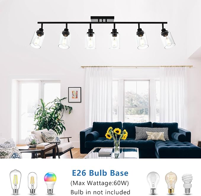 MELUCEE Ceiling Track Lighting Kits with Flexibly Rotatable Light Head | 6 Light Bathroom Light Fixtures Wall Mount Modern Black Spotlights with Clear Glass Shade, 45.3 Inch